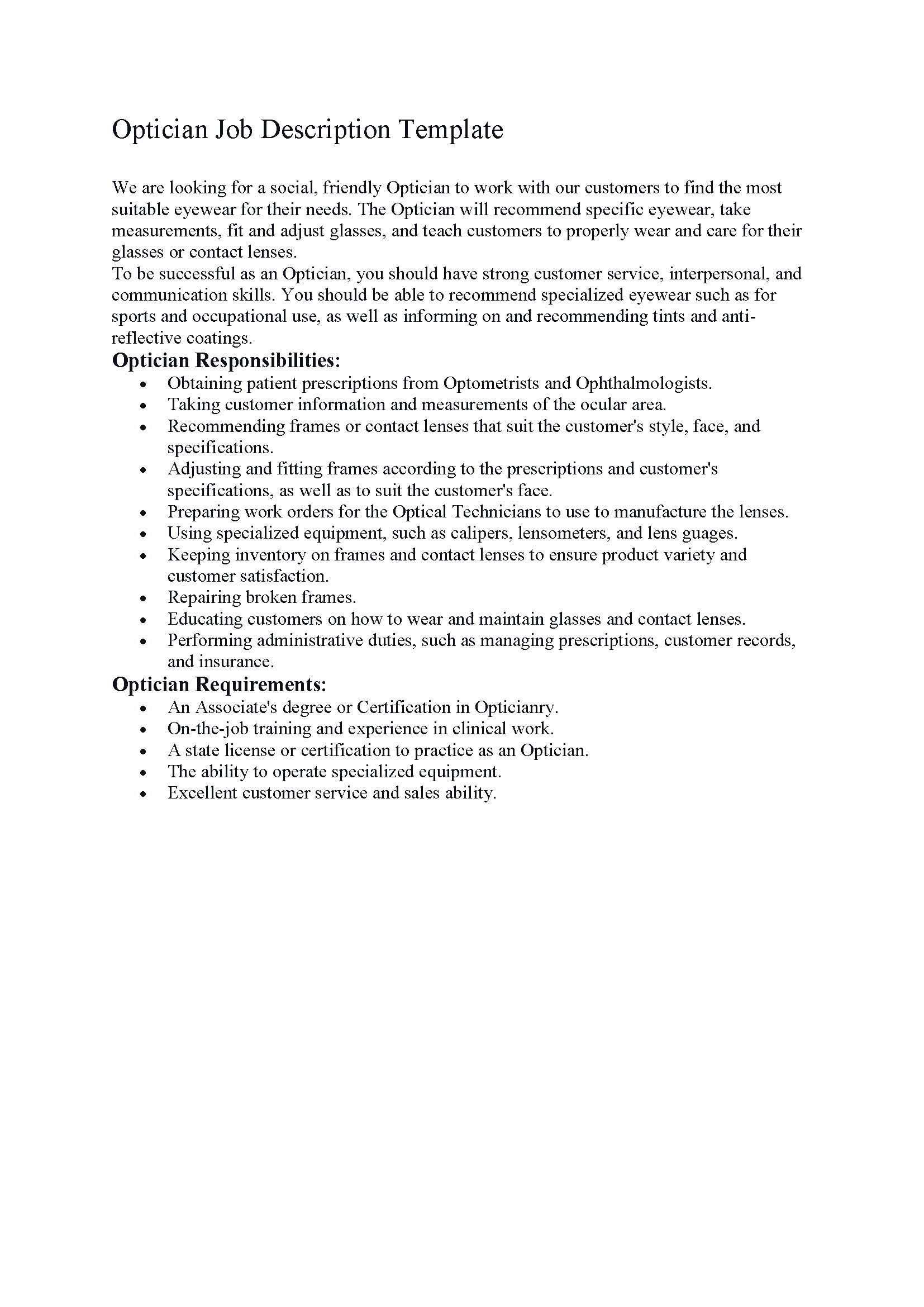 Optician Job Description Template